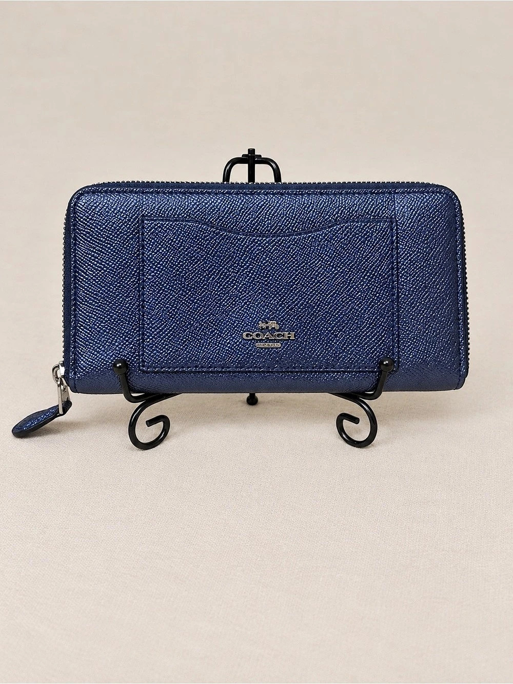 COACH Crossgrain Metallic Blue Accordion Zip Wallet
